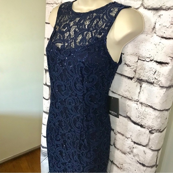 MARINA Navy Illusion Yoke Lace Gown Sequins Dress Size 8 NEW WITH TAG - Picture 5 of 15